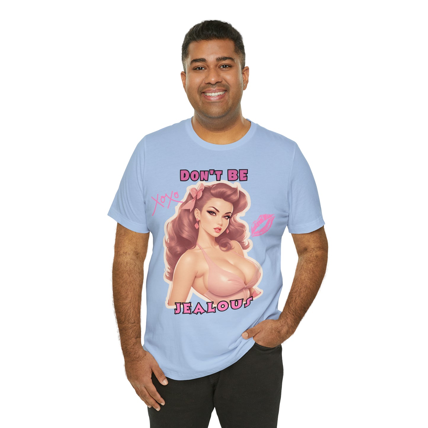 Timeless Elegance: Vintage Pink Pinup Girl "Don't Be Jealous" on a Bella+Canva 3001 Unisex Jersey T-Shirt - A Must-Have Gift for her