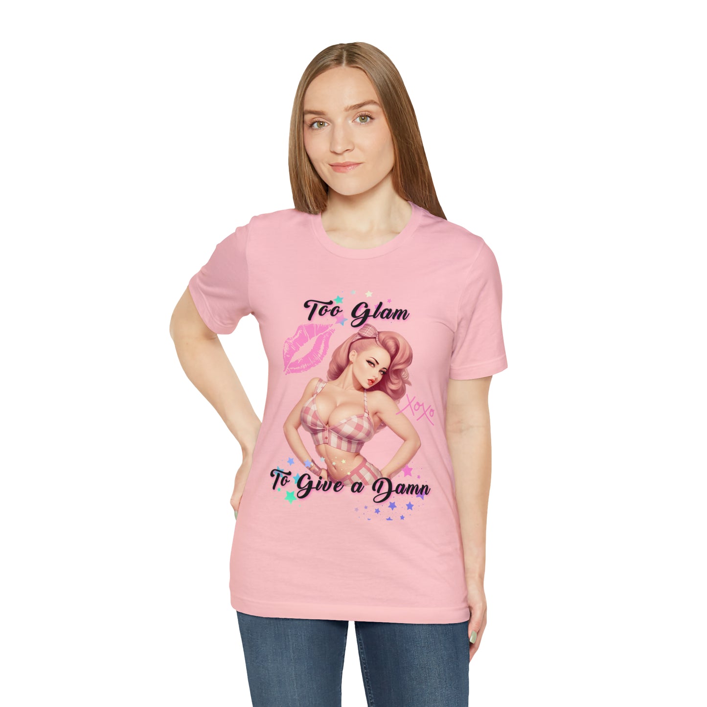 Vintage Pink Pinup Girl "Too Glam To Give a D*mn" on a Bella+Canva 3001 Unisex Jersey T-Shirt - A Must-Have Gift for her