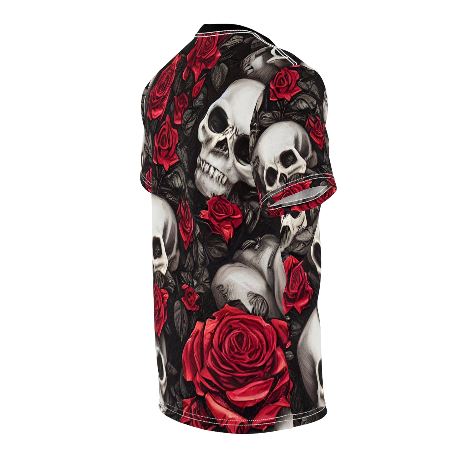 Hyper Realistic Skulls and Red Roses by artist Anne-Laure Goupil Unisex Cut & Sew Tee (AOP)