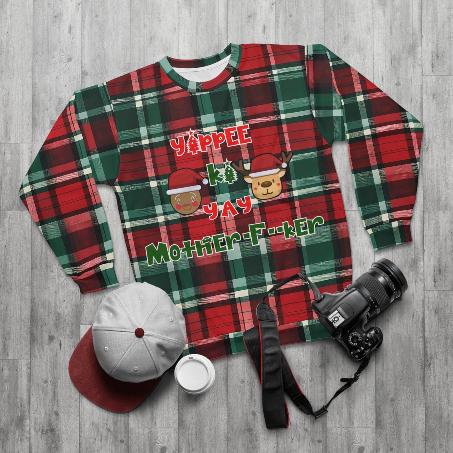 Die Hard Inspired Christmas Sweatshirt | Yippee Ki Yay Mother-F--cker | Festive Plaid Pattern | Unisex AOP Holiday Sweater