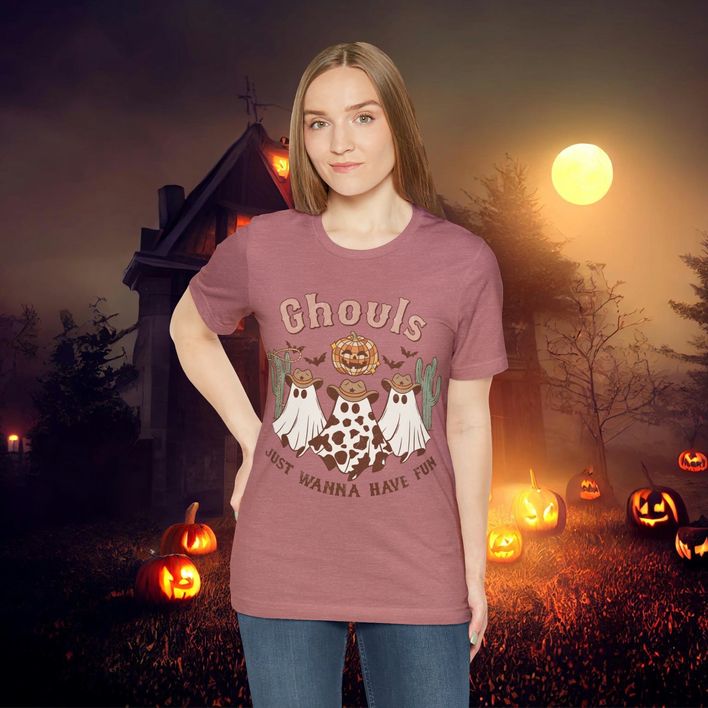 Ghouls Just wanna have fun Cowgirl Ghosts Retro Halloween Unisex Jersey Short Sleeve Tee Gifts for her