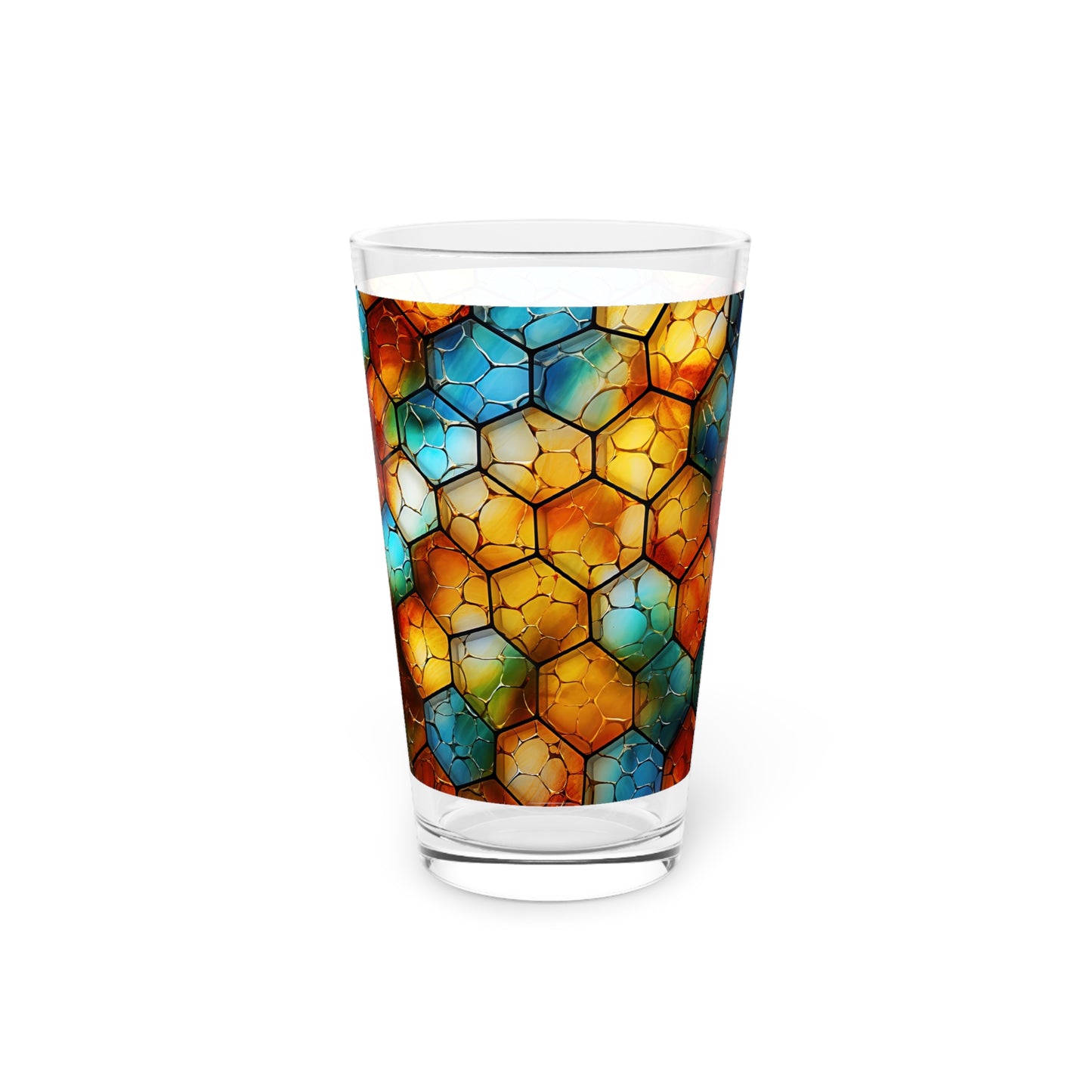 Buzzing Beauty: A Blue and Yellow Honeycomb Stained Glass Artwork on a 16oz Pint Glass Gift idea gifts for home decor housewarming gift