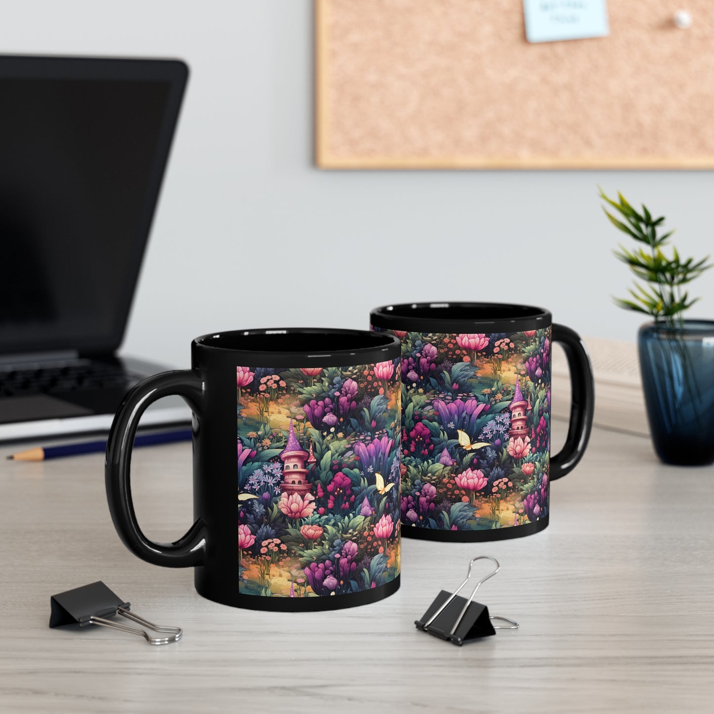 Fairy Garden With Pink & Purple Flowers in the Enchanted Forest Mug - Bringing Magic to Your Morning Brew" 11oz Black Mug Fairycore