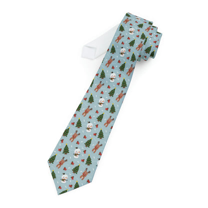 "DirkyThreadz Christmas Cheer Necktie - Festive Holiday Icons on Light Blue"