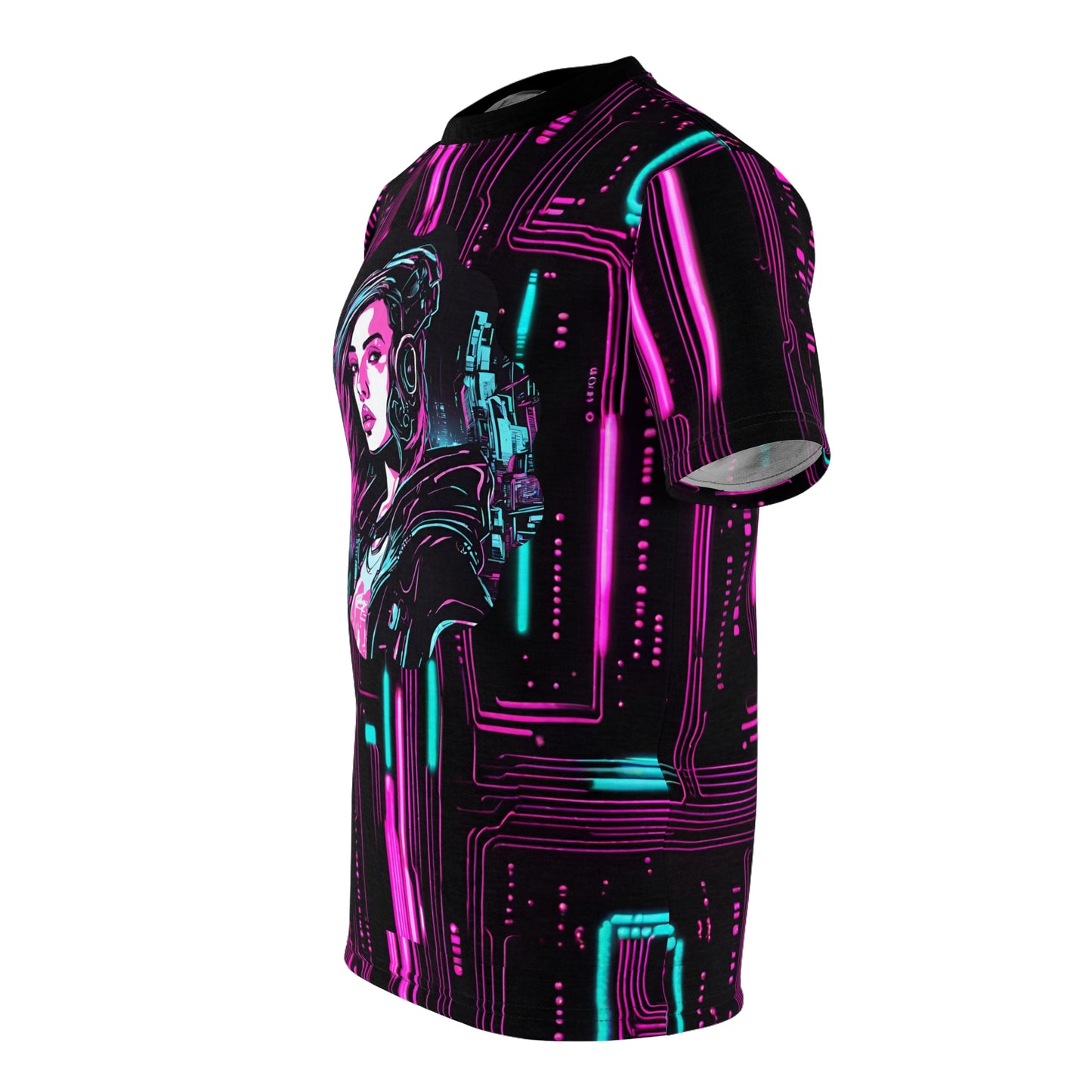 Cyberpunk Girl Unisex AOP Tee - Neon Lights & 3D Circuit Board Design