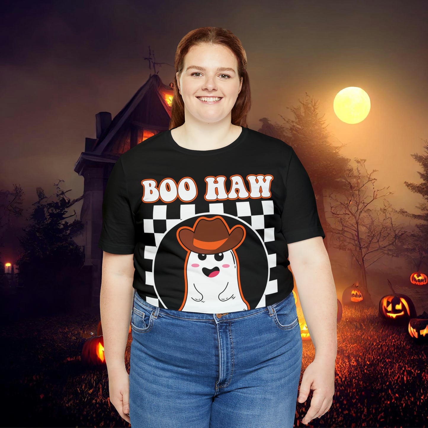 Cute Cowboy Ghost Saying Boo Haw Retro Groovy Western Halloween Unisex Jersey Short Sleeve Tee Gifts for Him Gifts For Her