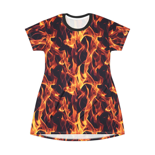 Flames Unleashed: Realistic All Over Print T-Shirt Dress (AOP)