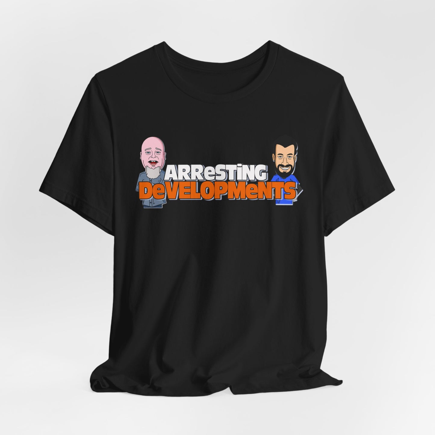 Arresting Developments Illustrated Tee – True Crime Podcast Shirt Featuring Mike Willever & Producer Joe