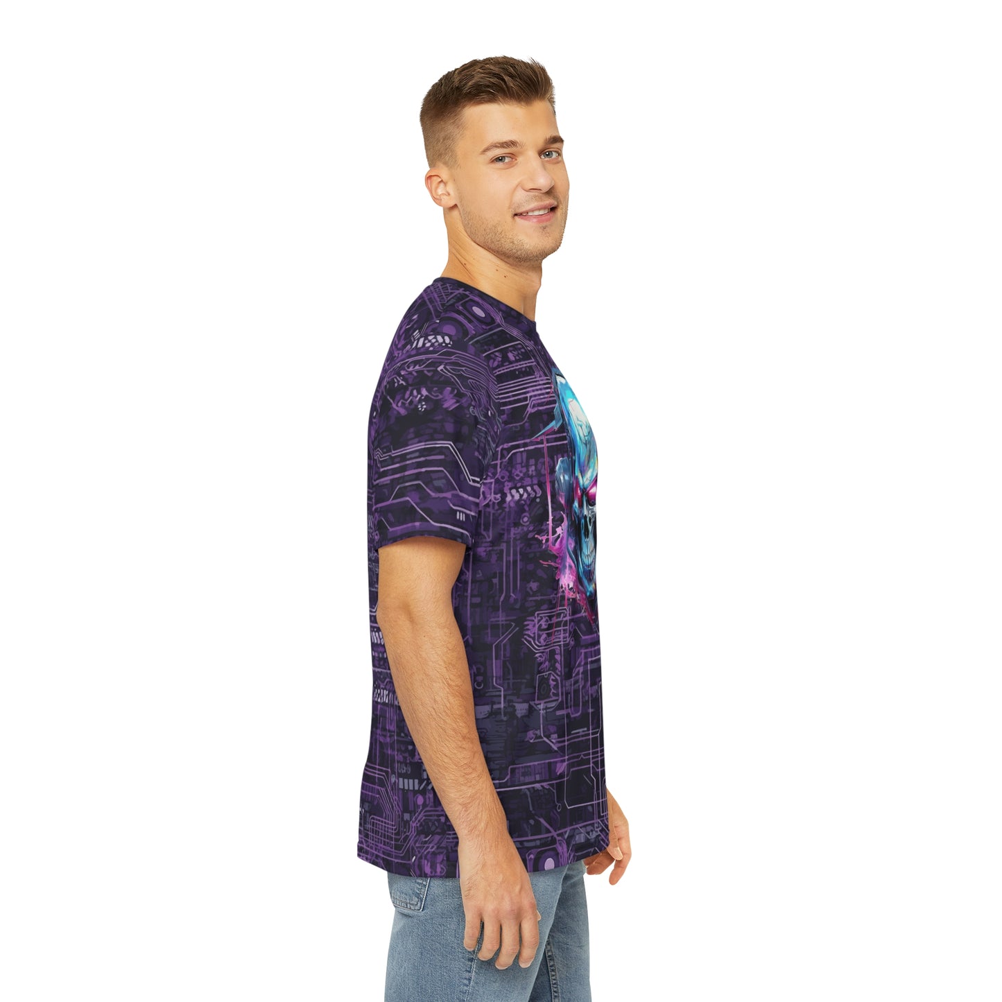 CyberPunk Cybernetic Skull breaking through a Purple Neon Circuit Board Men's Polyester Tee (AOP)