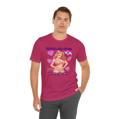 Sarcastic Elegance: Vintage Pink Pinup Girl "Sugar and Spice" on a Bella+Canva 3001 Unisex Jersey T-Shirt - A Must-Have Gift for her