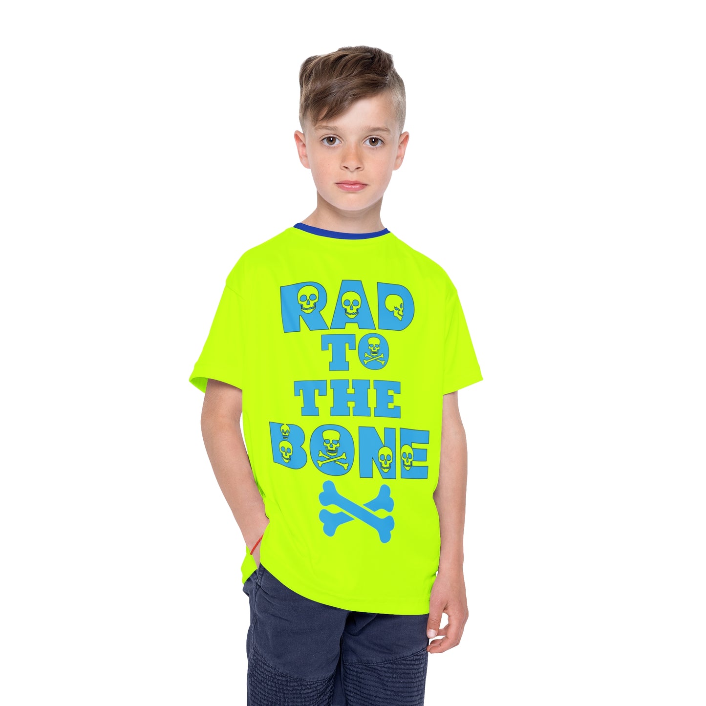 Neon Yellow Rad To The Bone Kids Sports Jersey | All-Over Print Youth Athletic Shirt | Stylish Sports Tee | Active Kids Fashion