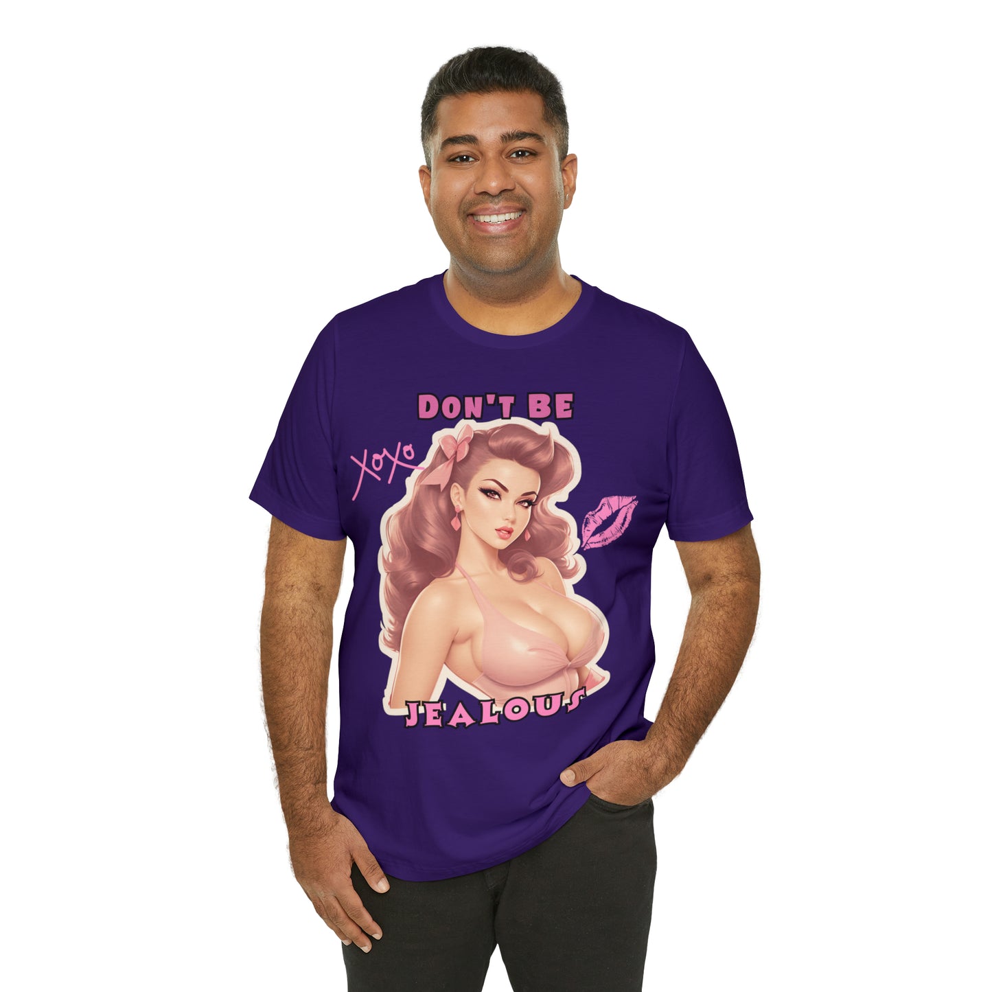 Timeless Elegance: Vintage Pink Pinup Girl "Don't Be Jealous" on a Bella+Canva 3001 Unisex Jersey T-Shirt - A Must-Have Gift for her