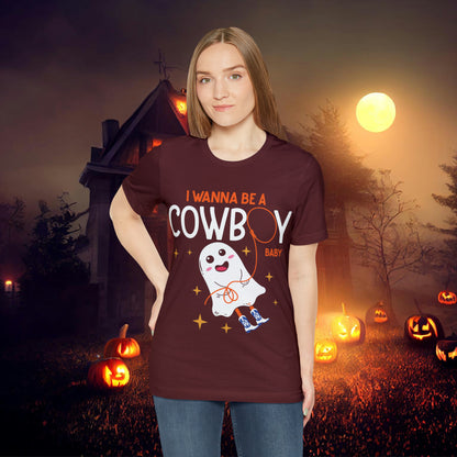 Little Ghost Saying I wanna be a cowboy baby Retro Groovy Western Halloween Unisex Jersey Short Sleeve Tee Gifts for Him Gifts for her.