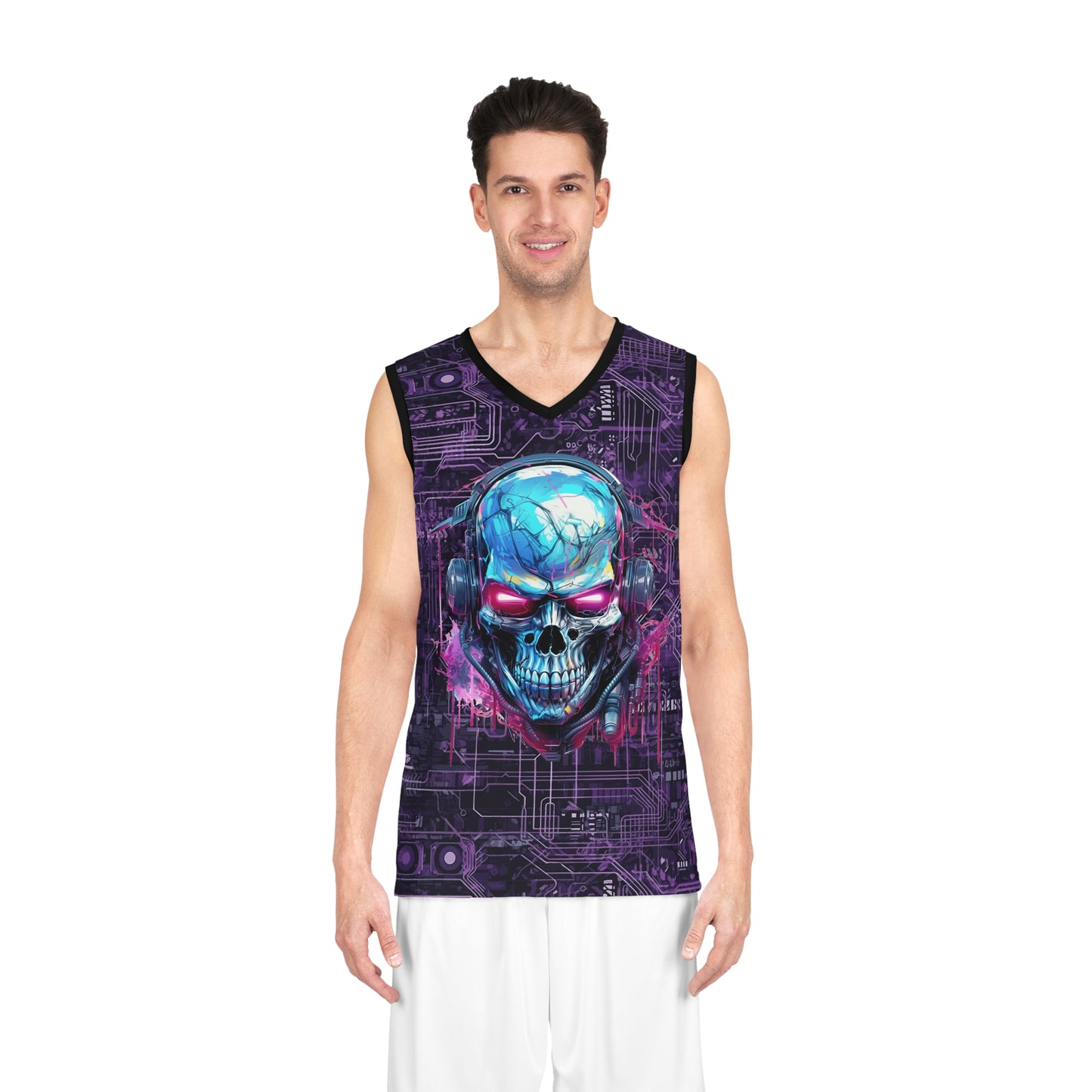 CyberPunk Cybernetic Skull breaking through a Purple Neon Circuit Board Basketball Jersey (AOP)