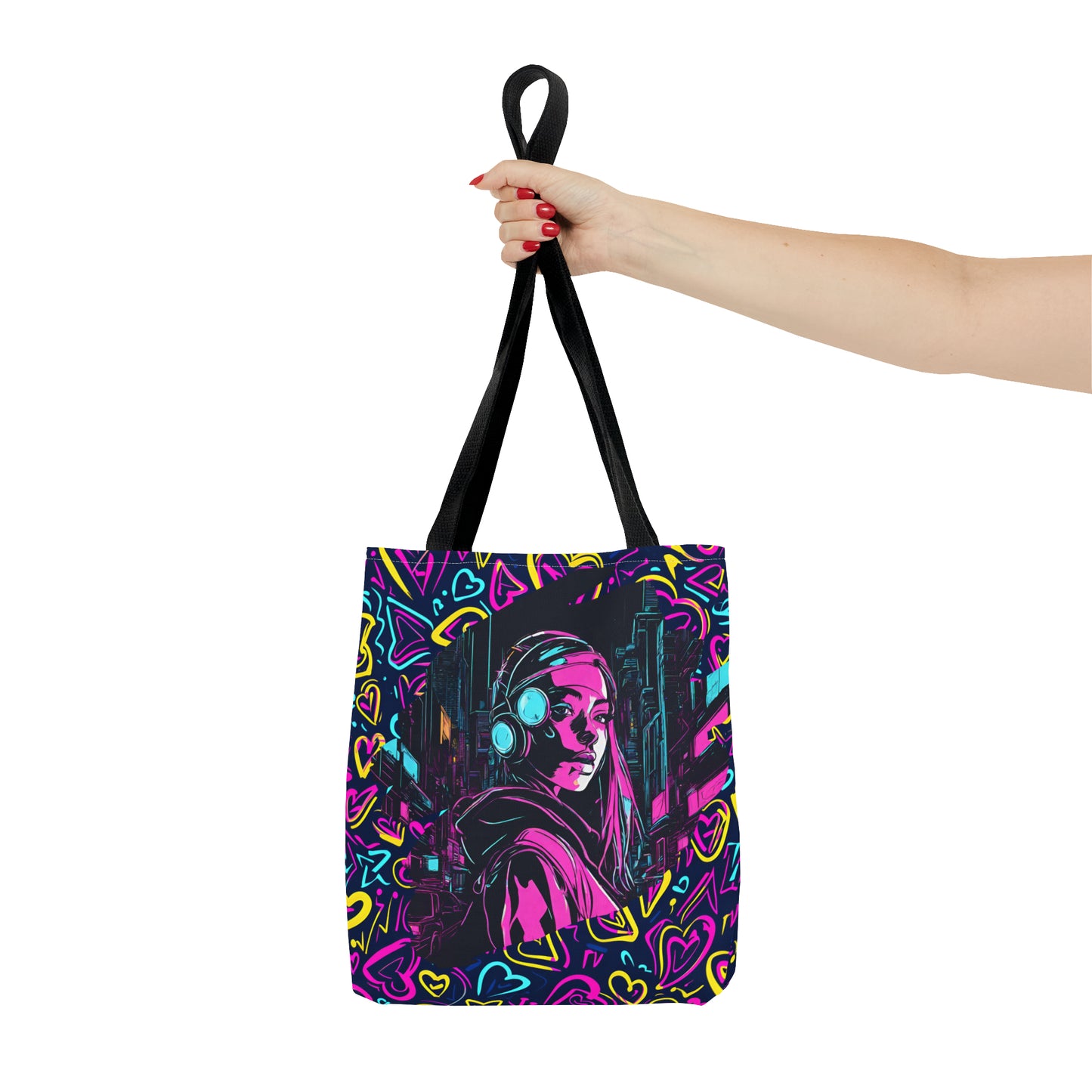 Cyberpunk Girl in Neon Graffiti Hearts AOP Tote Bag 3 sizes 5 color handle options