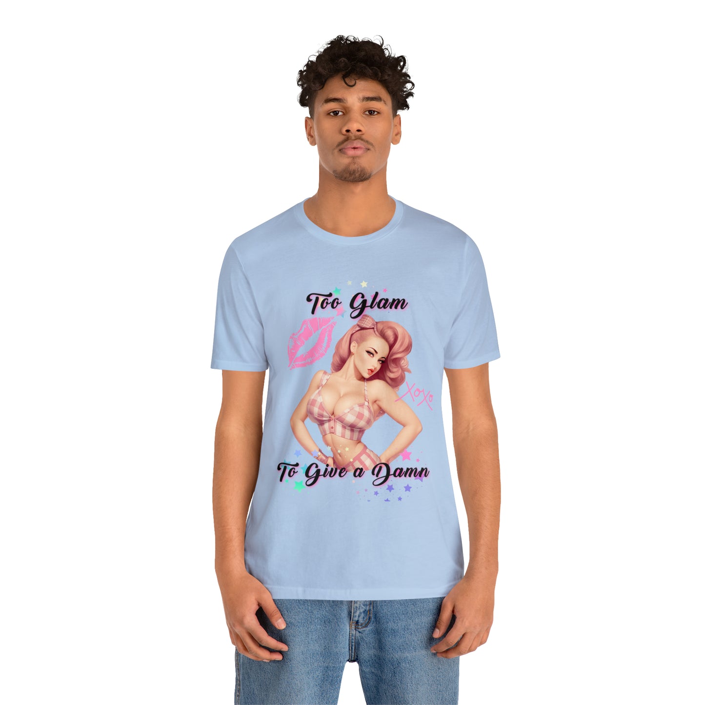 Vintage Pink Pinup Girl "Too Glam To Give a D*mn" on a Bella+Canva 3001 Unisex Jersey T-Shirt - A Must-Have Gift for her