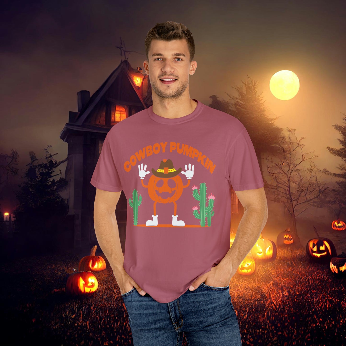 Cowboy Pumpkin Retro Groovy Halloween Unisex Garment-Dyed T-shirt Gifts for Him Gifts for Her