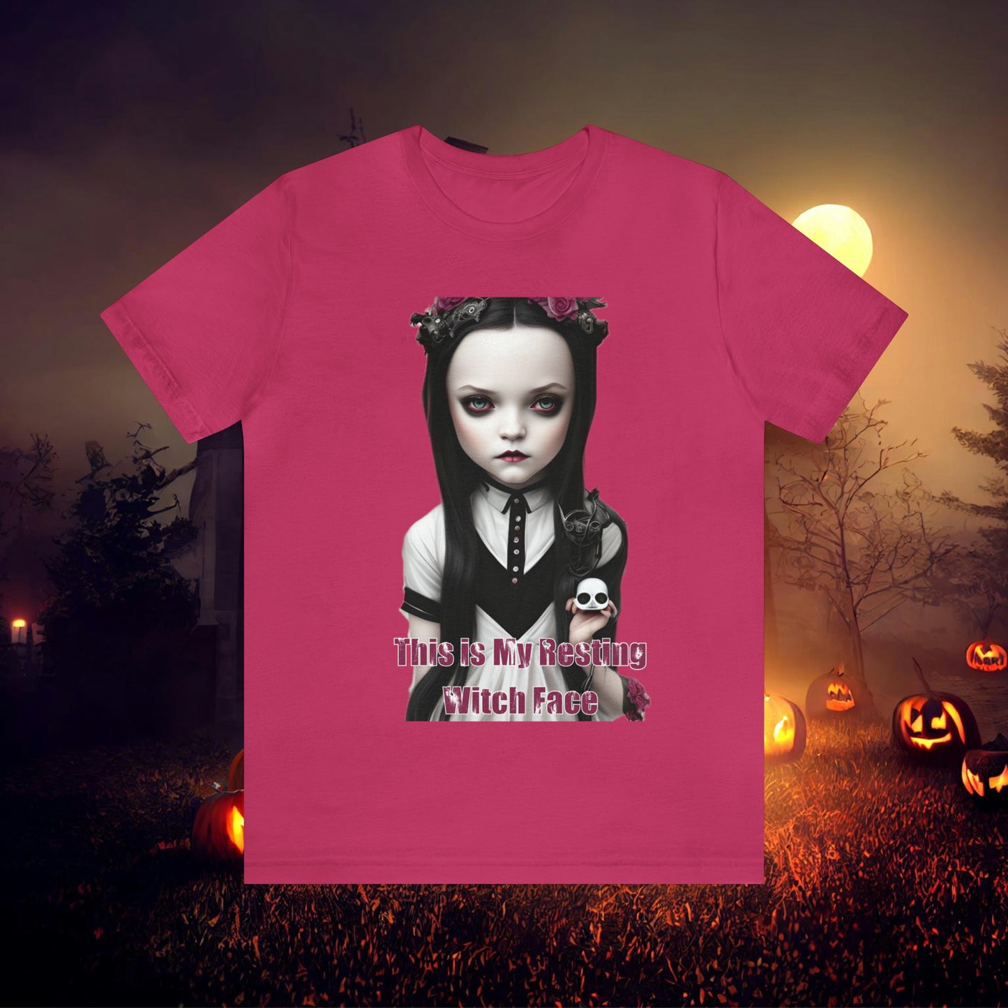 Wednesday Addams Chibi by Charlie Bowater This Is my Resting Witch Face Halloween Unisex Jersey Short Sleeve Tee