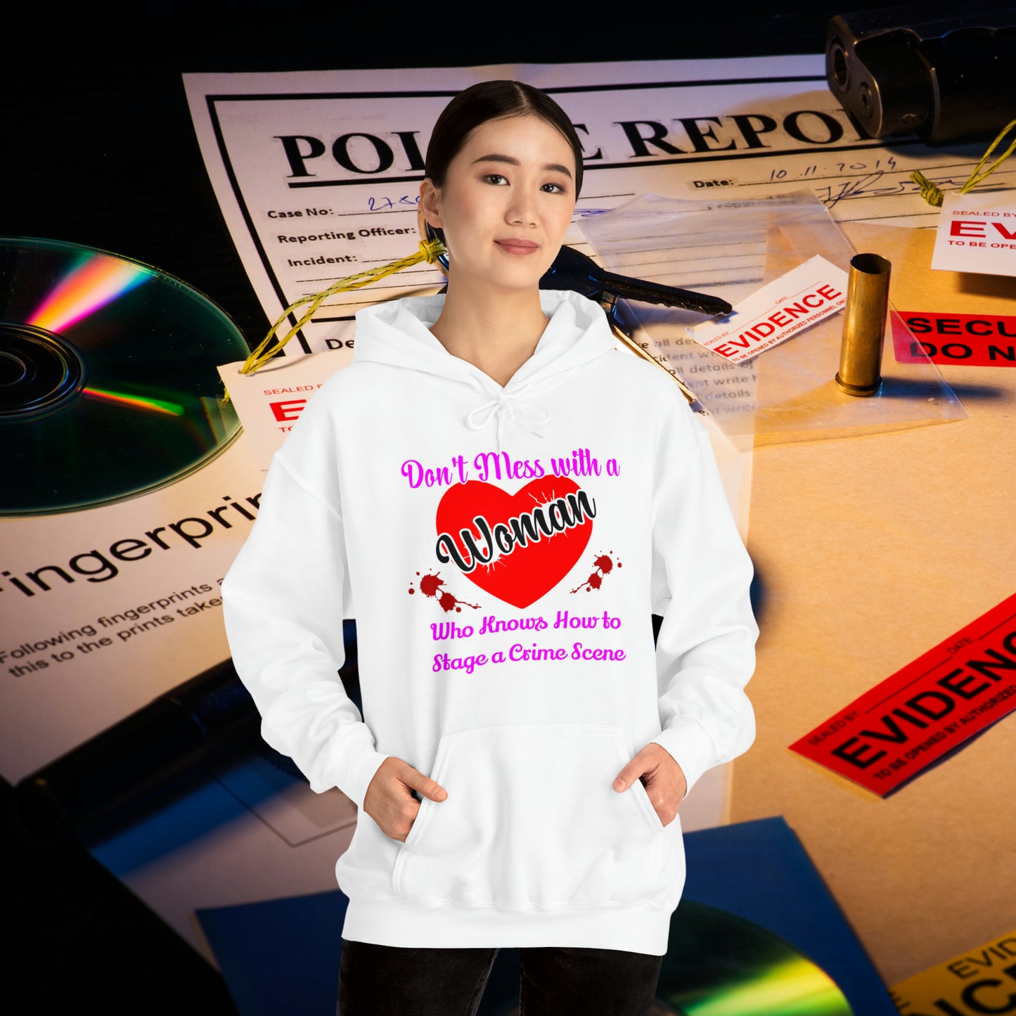 Don't Mess With a Woman who knows how to stage a Crime Scene Unisex Heavy Blend™ Hooded Sweatshirt Gifts for Him Gifts for her