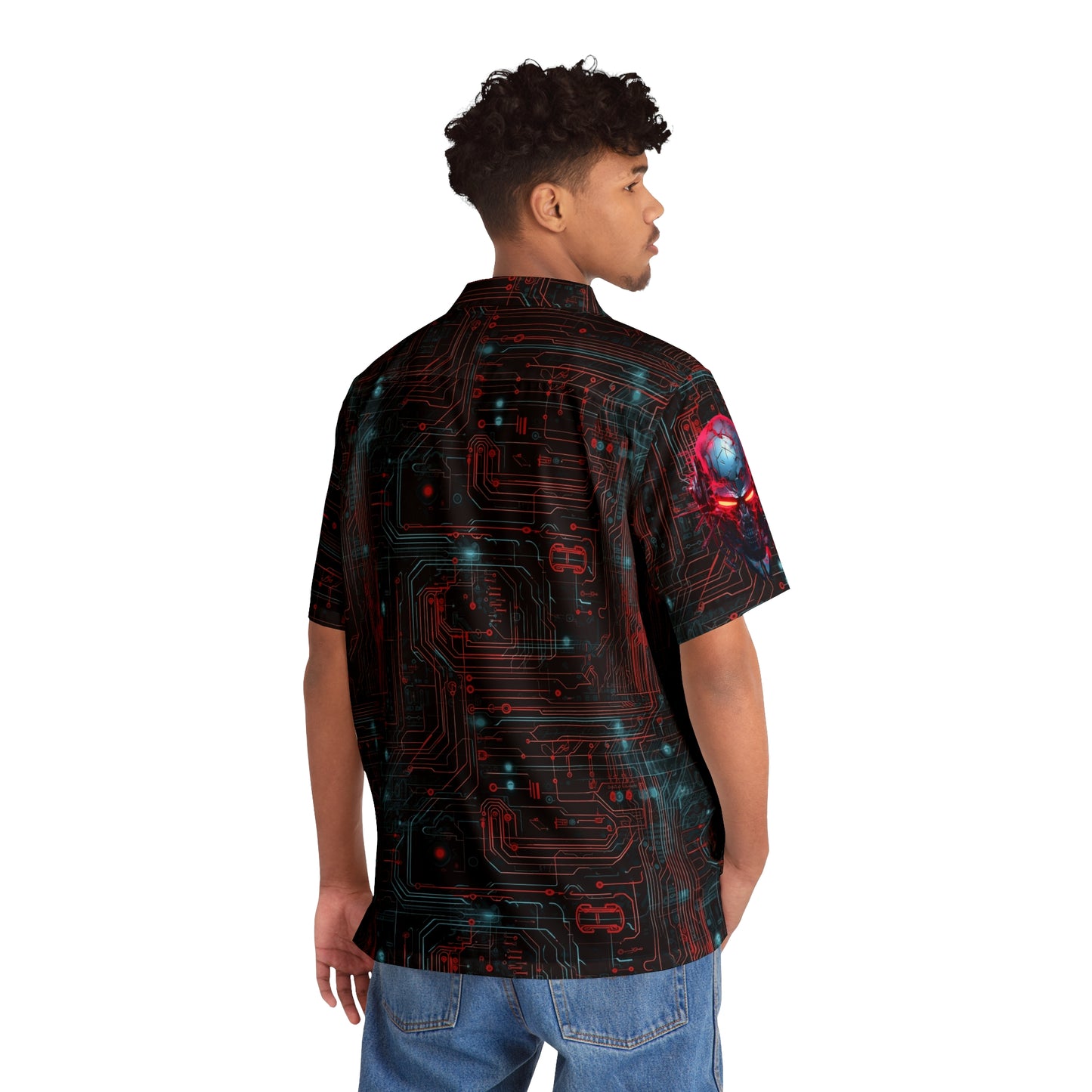 CyberPunk Cybernetic Skull breaking through a Red and Blue Neon Circuit Board Men's Hawaiian Shirt (AOP)