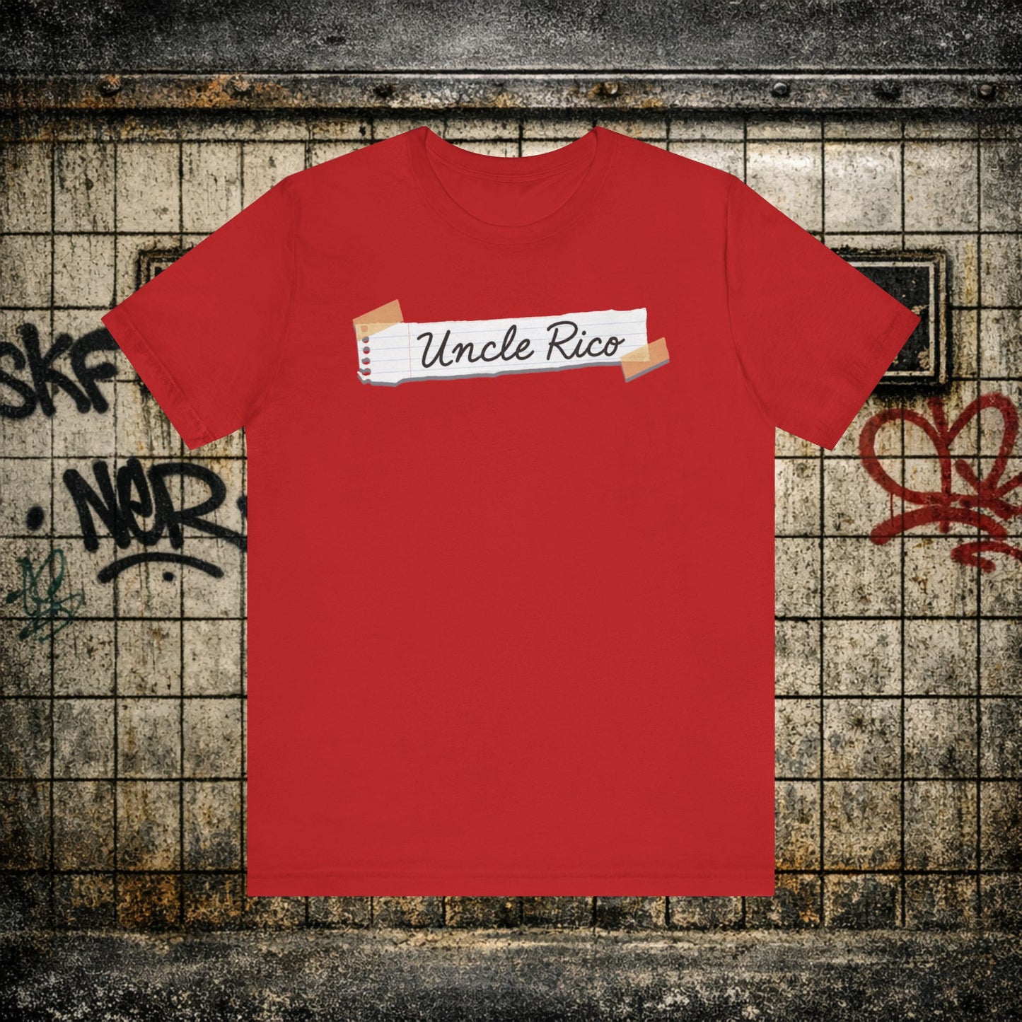 Uncle Rico Graphic Tee — Retro Notebook Tape Design