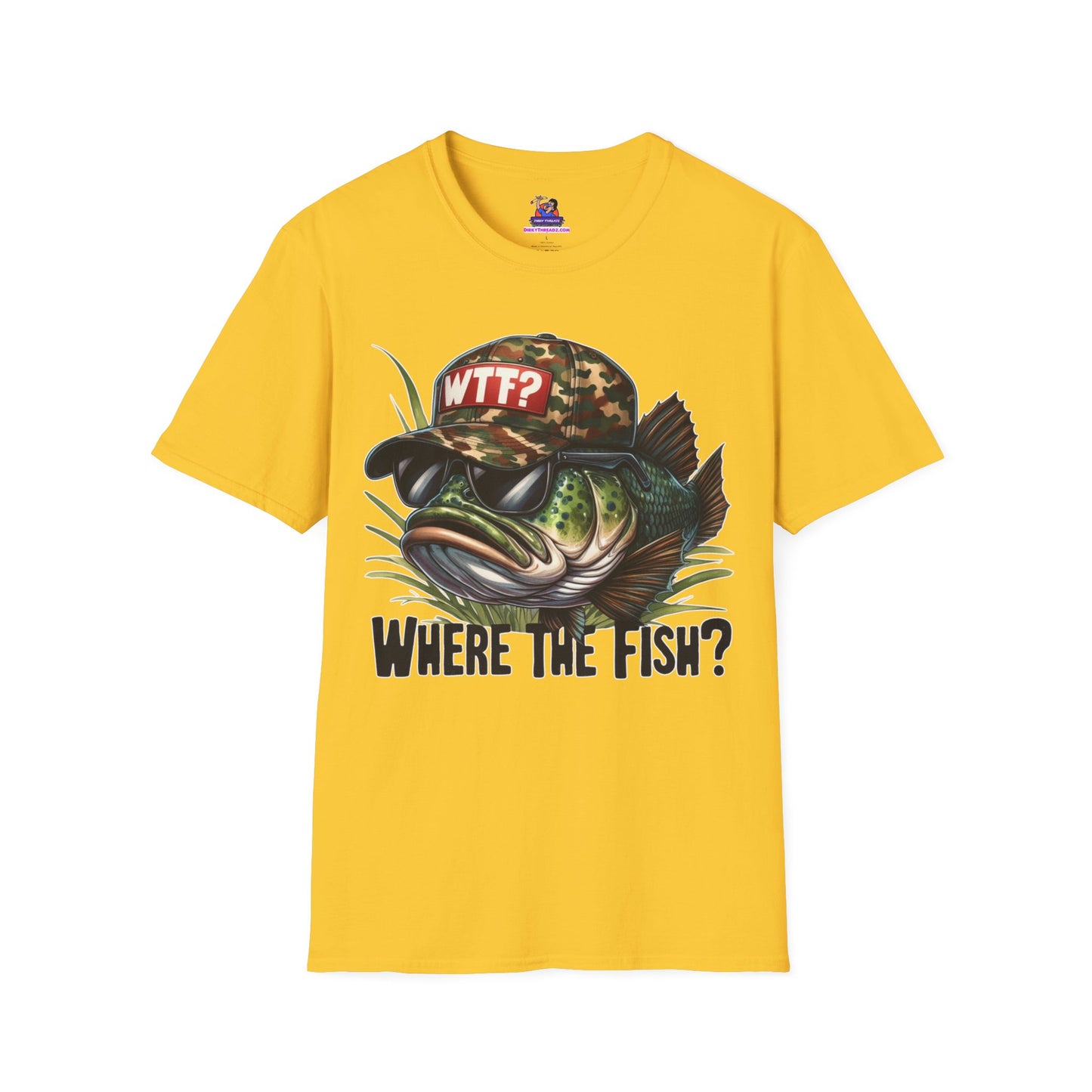 WTF Where's the Fish? Unisex Softstyle T-Shirt Fishing humor, Fisherman Gift Pun T-Shirt Funny Fish Tee Fishy Vibes Unique Unisex Tee