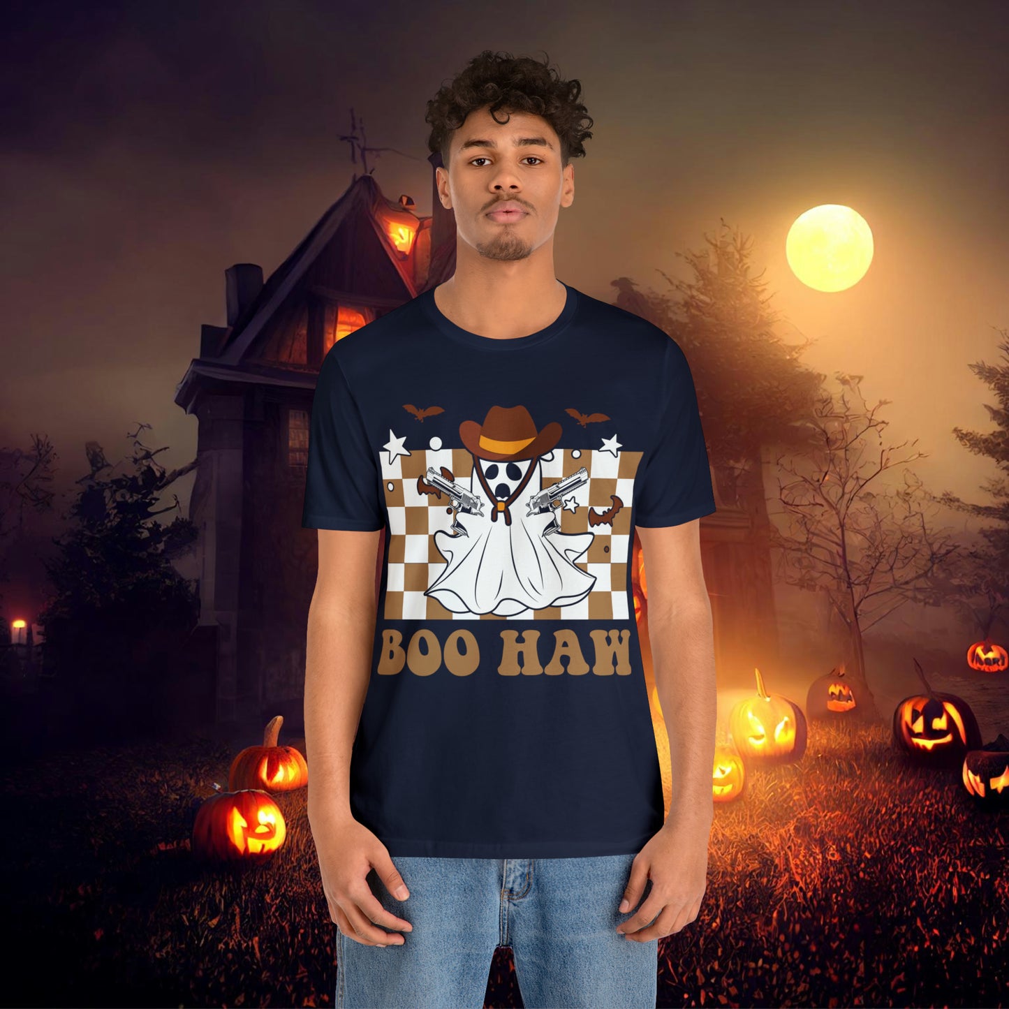 Cowboy Gunslinging Ghost saying Boo Haw Retro Western Halloween Unisex Jersey Short Sleeve Tee Gifts for Him Gifts for Her