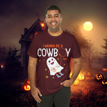 Little Ghost Saying I wanna be a cowboy baby Retro Groovy Western Halloween Unisex Jersey Short Sleeve Tee Gifts for Him Gifts for her.