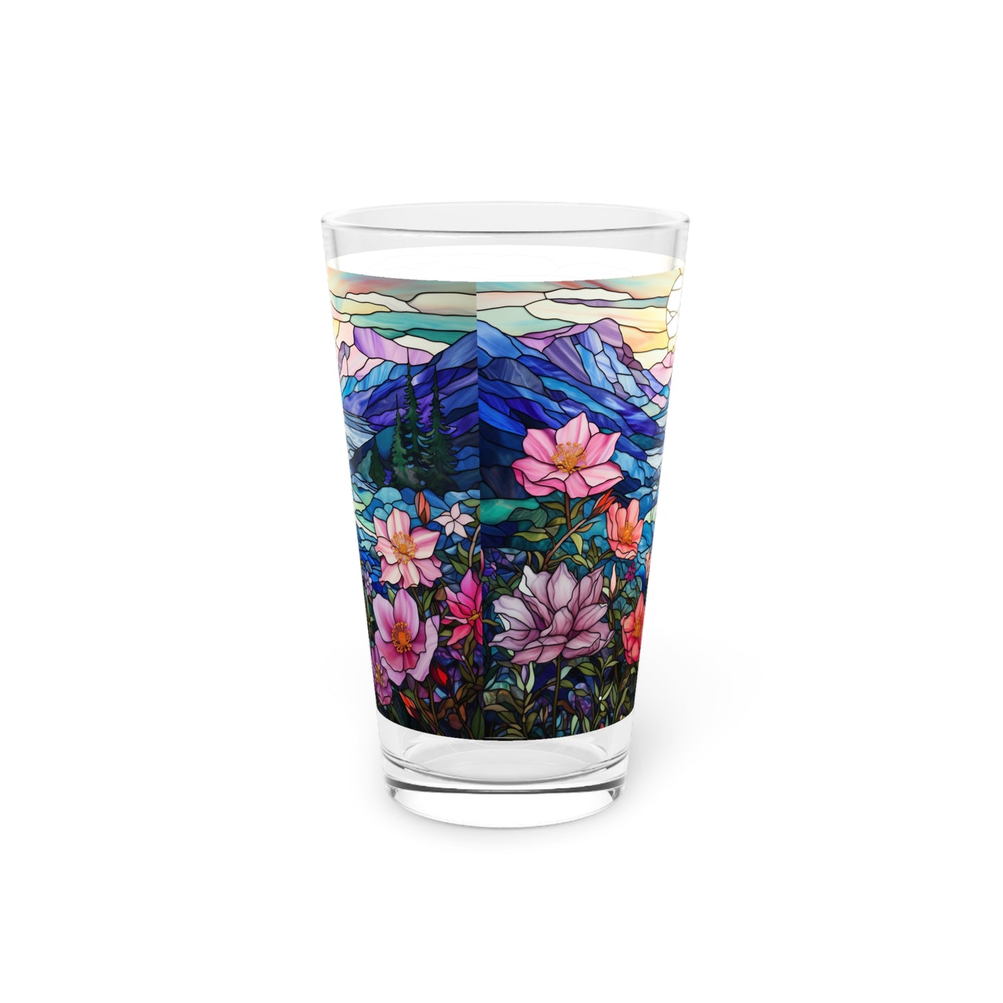 Mountain Creek Serenity, A Pink Floral Stained Glass artwork on a 16oz Pint Glass Gift idea, gifts for home decor, housewarming gift