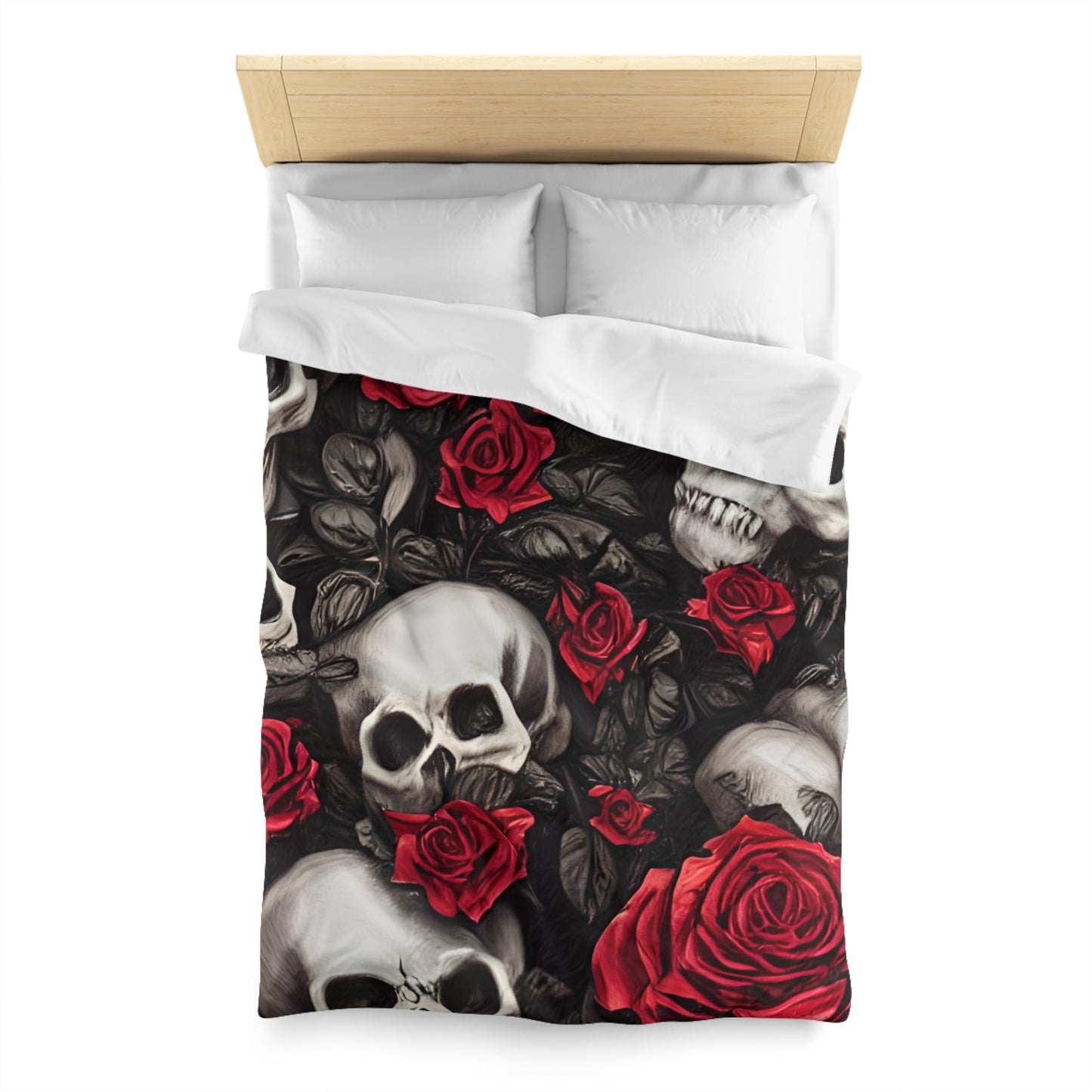 Hyper Realistic Skulls and Red Roses by artist Anne-Laure Goupil Microfiber Duvet Cover