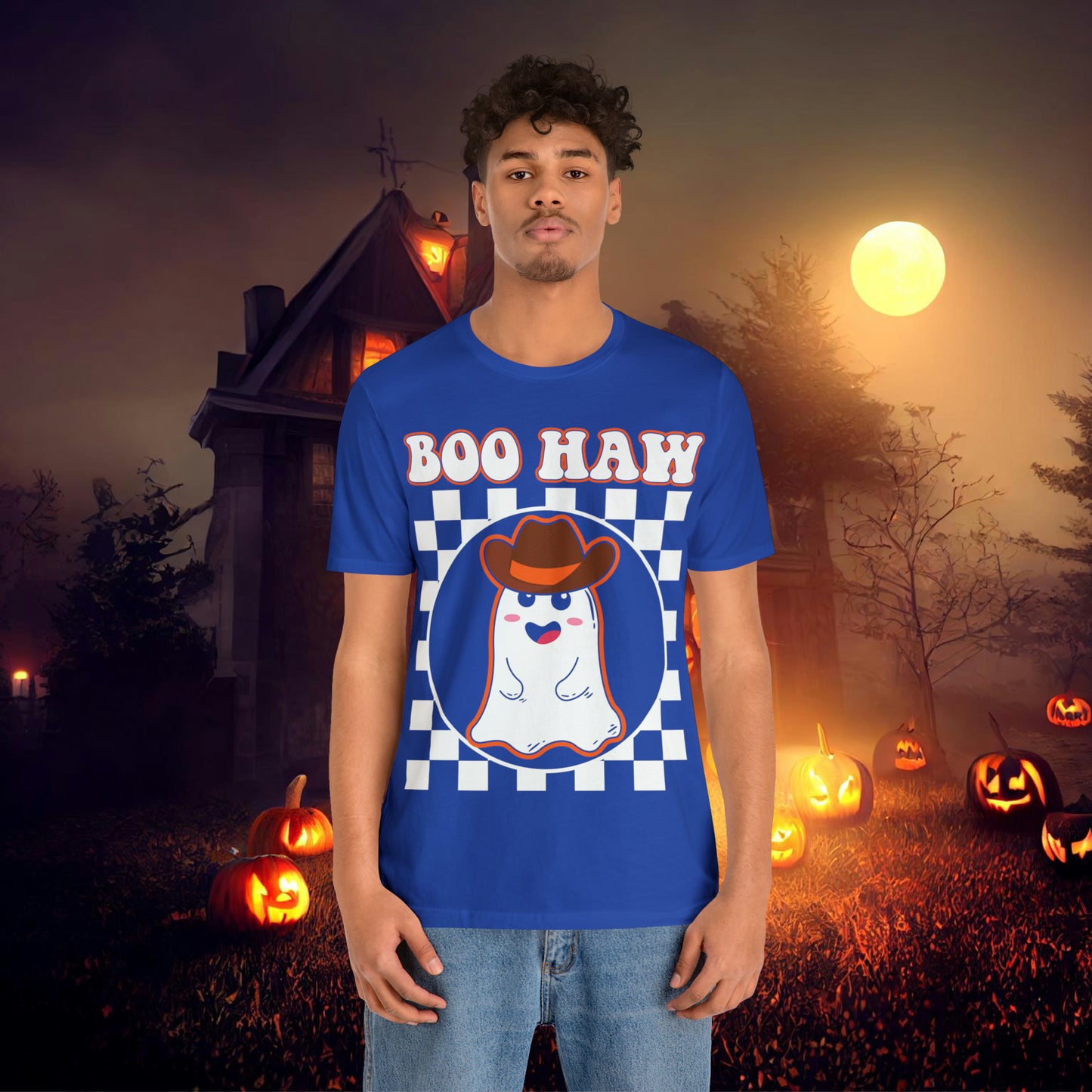 Cute Cowboy Ghost Saying Boo Haw Retro Groovy Western Halloween Unisex Jersey Short Sleeve Tee Gifts for Him Gifts For Her