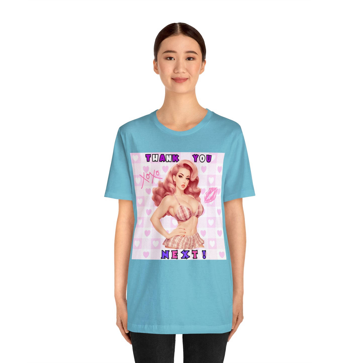 Timeless Elegance: Vintage Pink Pinup Girl "Thank You Next" on a Bella+Canva 3001 Unisex Jersey T-Shirt - A Must-Have Gift for her