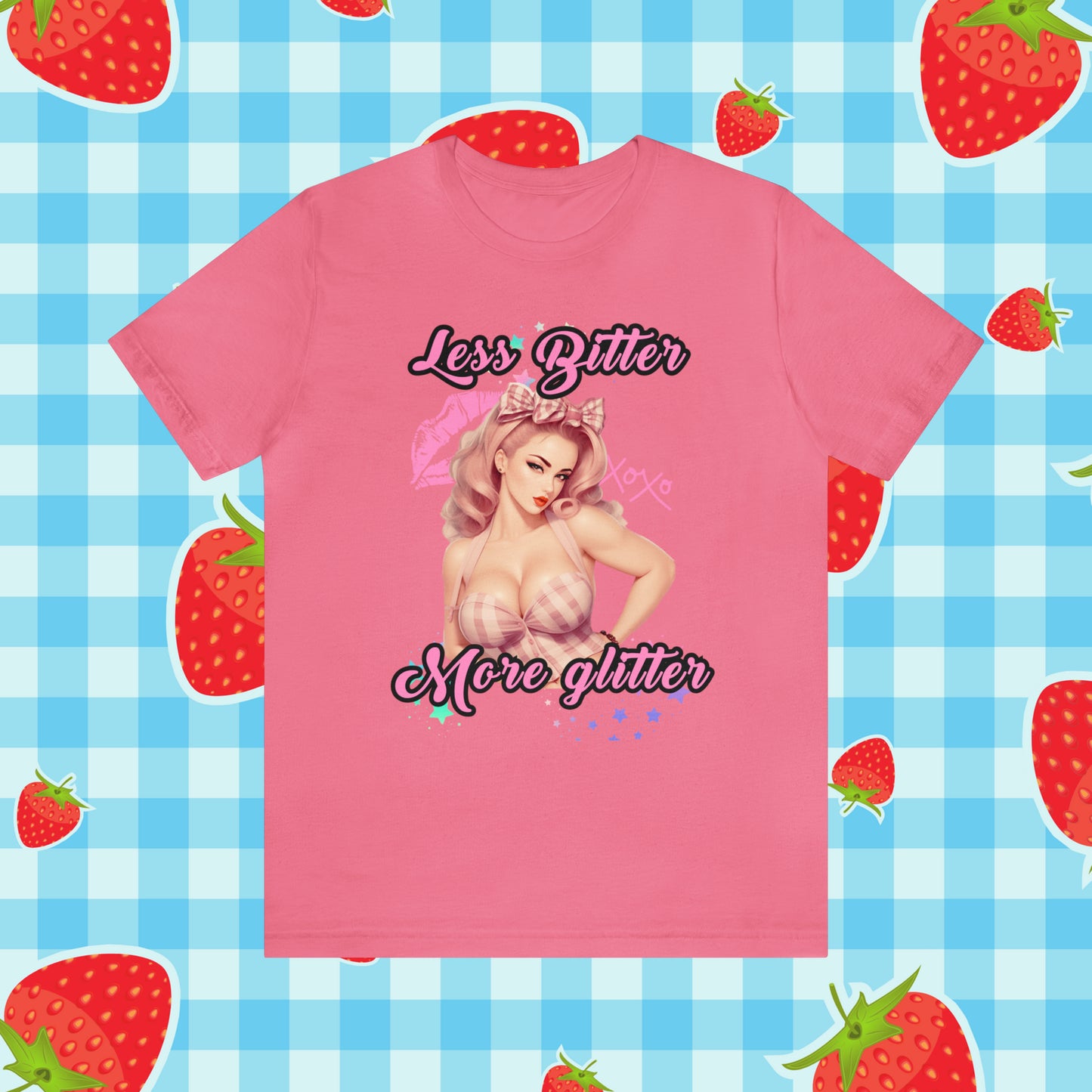 Vintage Pink Pinup Girl "Less Bitter More Glitter" on a Bella+Canva 3001 Unisex Jersey T-Shirt - A Must-Have Gift for her