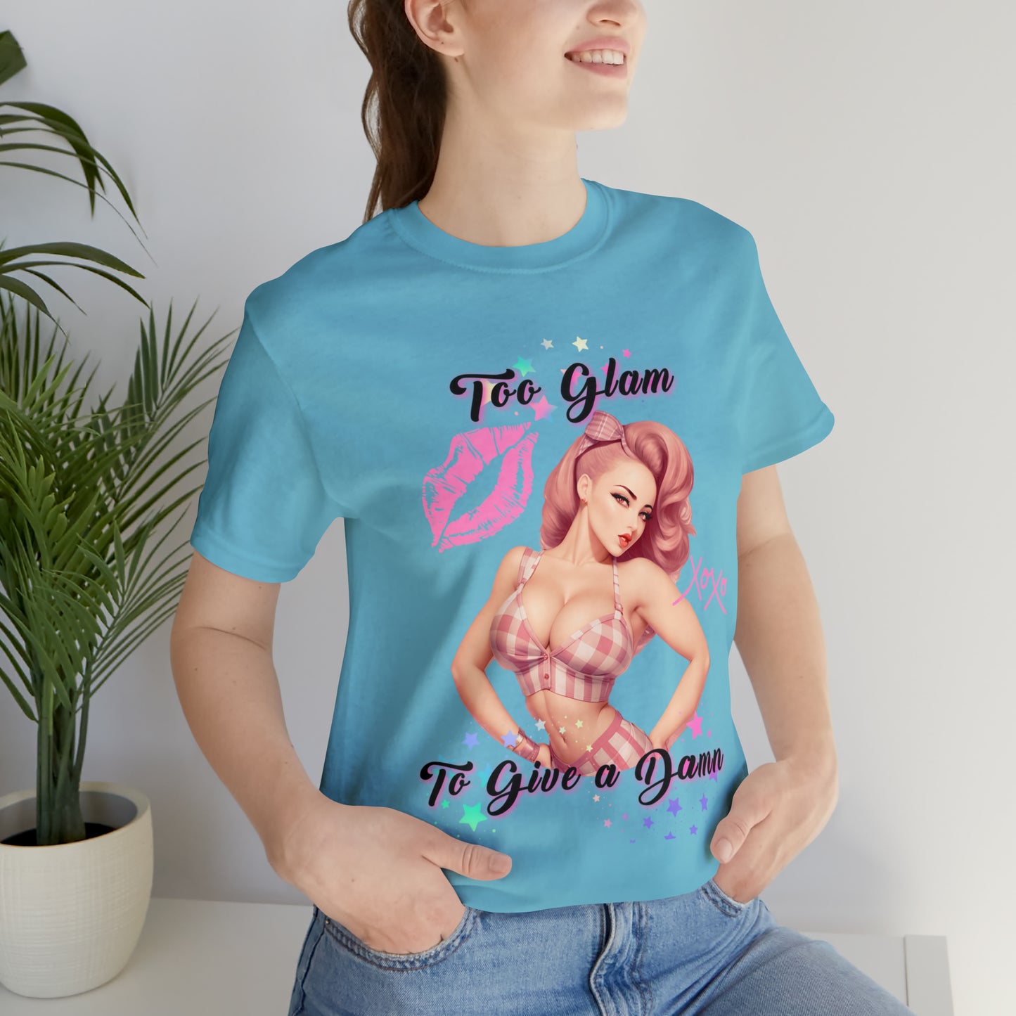 Vintage Pink Pinup Girl "Too Glam To Give a D*mn" on a Bella+Canva 3001 Unisex Jersey T-Shirt - A Must-Have Gift for her