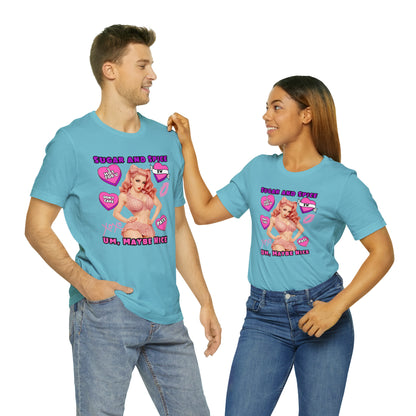 Sarcastic Elegance: Vintage Pink Pinup Girl "Sugar and Spice" on a Bella+Canva 3001 Unisex Jersey T-Shirt - A Must-Have Gift for her