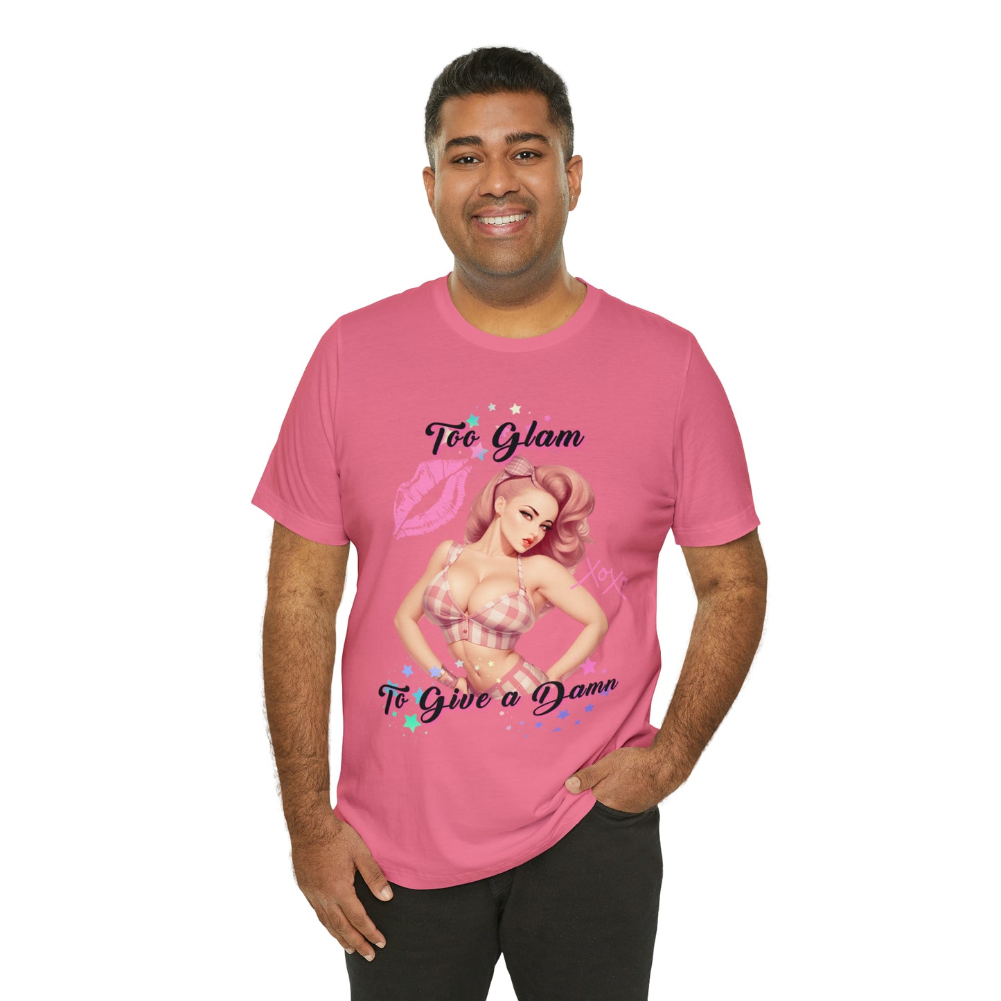 Vintage Pink Pinup Girl "Too Glam To Give a D*mn" on a Bella+Canva 3001 Unisex Jersey T-Shirt - A Must-Have Gift for her