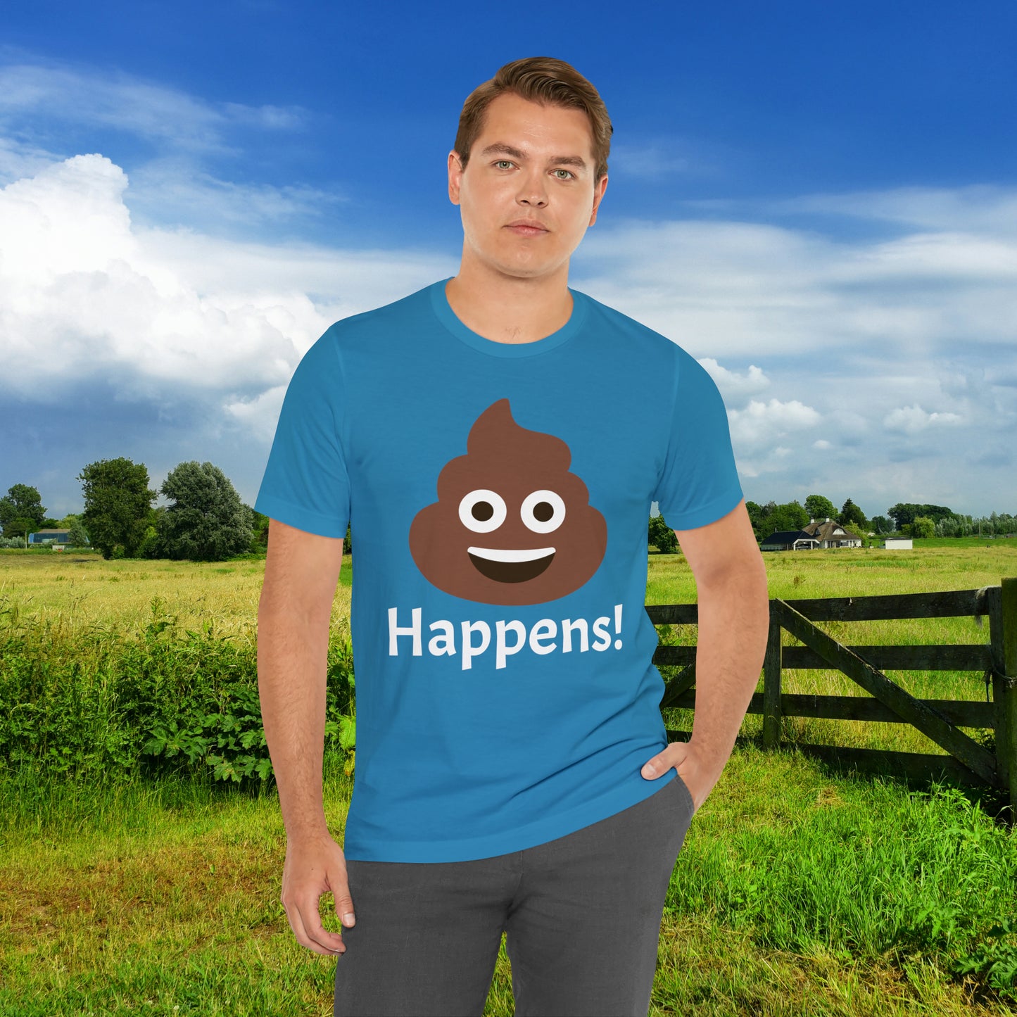 Embrace the Inevitable: 'Happens' Poop Emoji Unisex Jersey T-Shirt