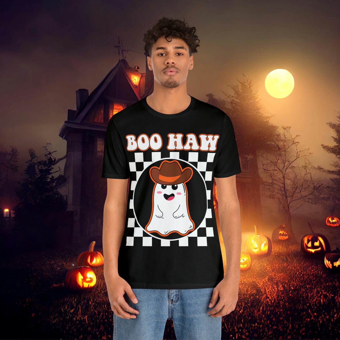 Cute Cowboy Ghost Saying Boo Haw Retro Groovy Western Halloween Unisex Jersey Short Sleeve Tee Gifts for Him Gifts For Her