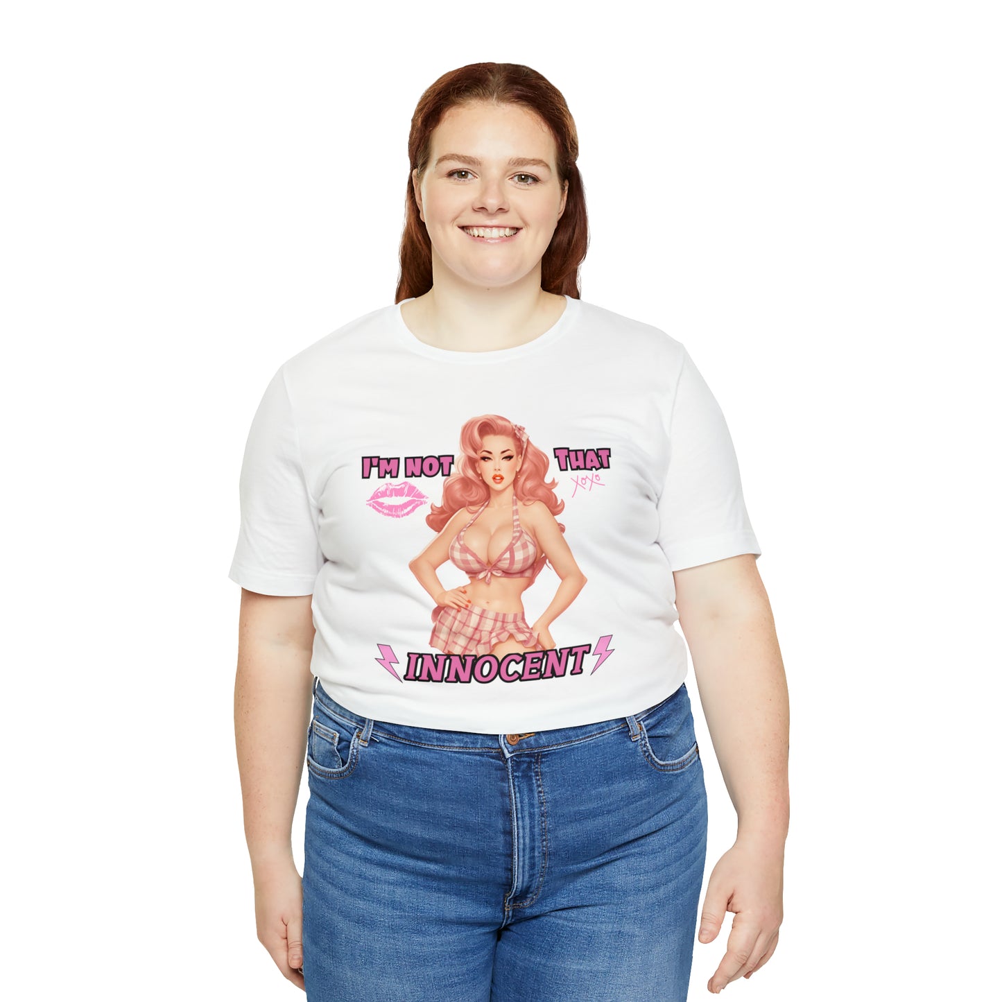 Timeless Elegance: Vintage Pink Pinup Girl "I'm not that Innocent on a Bella+Canva 3001 Unisex Jersey T-Shirt - A Must-Have Gift for her