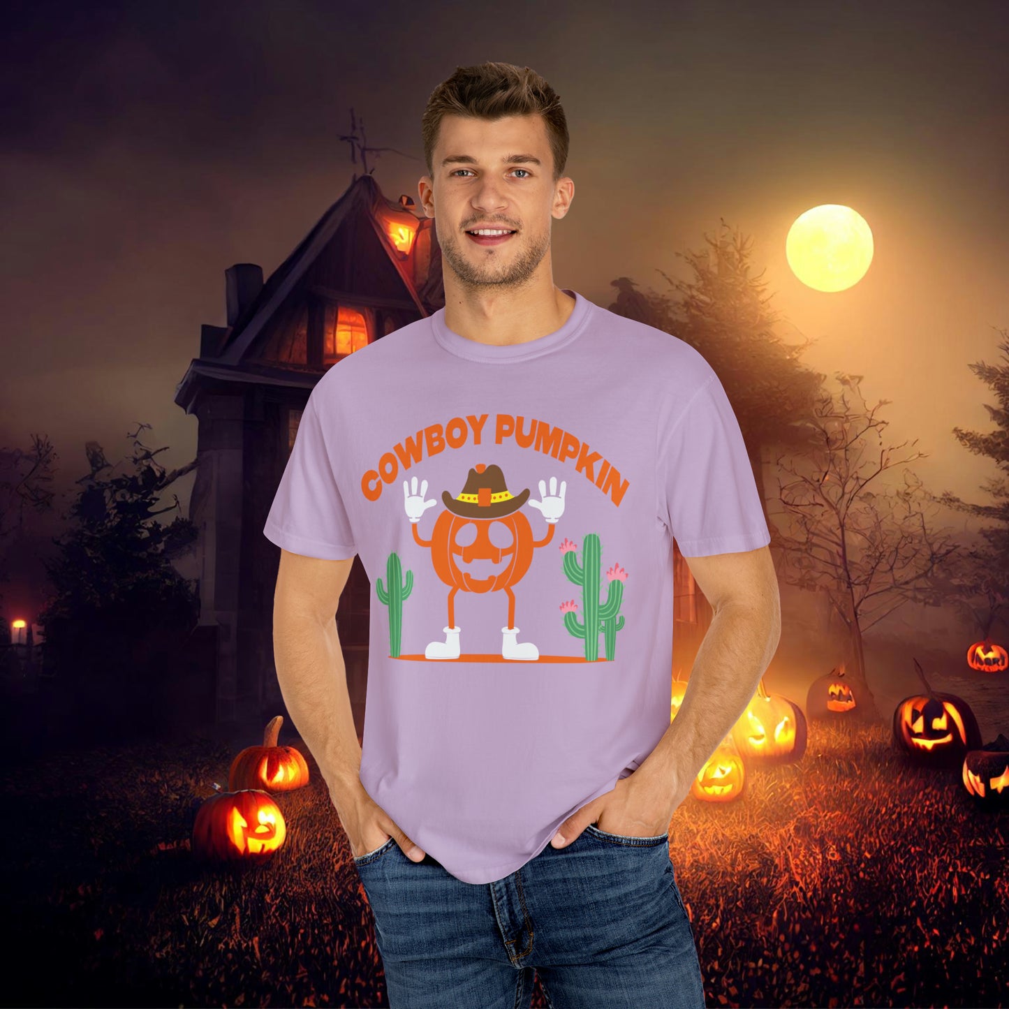 Cowboy Pumpkin Retro Groovy Halloween Unisex Garment-Dyed T-shirt Gifts for Him Gifts for Her