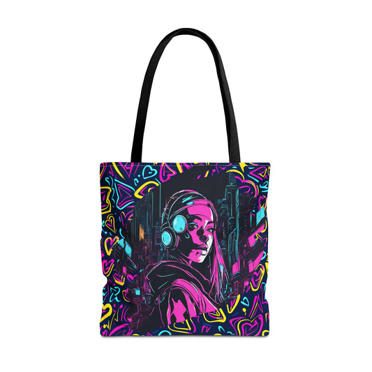 Cyberpunk Girl in Neon Graffiti Hearts AOP Tote Bag 3 sizes 5 color handle options
