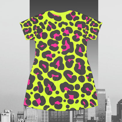 Neon Pink Leopard print on Bright Yellow T-Shirt Dress (AOP)