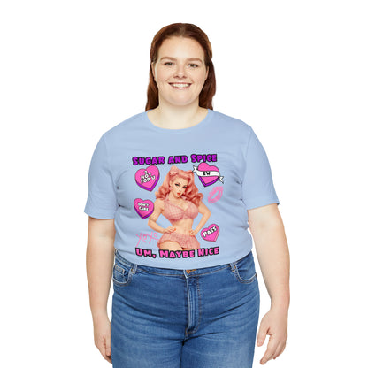 Sarcastic Elegance: Vintage Pink Pinup Girl "Sugar and Spice" on a Bella+Canva 3001 Unisex Jersey T-Shirt - A Must-Have Gift for her