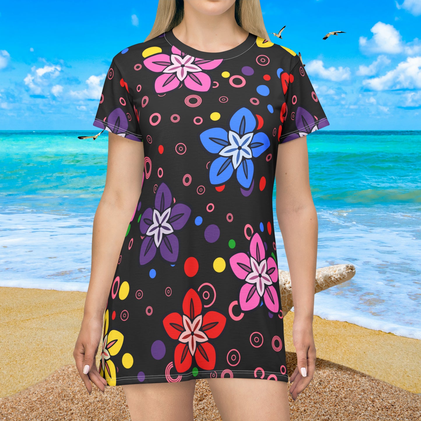 Retro Colorful Flowers Feeling Groovy All Over  T-Shirt Dress (AOP)