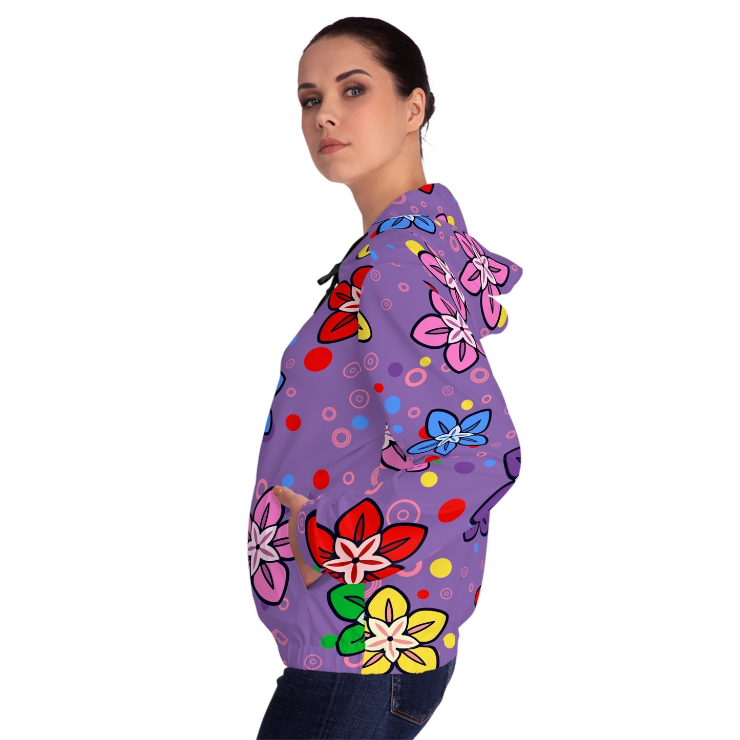 Good Times and Good Vibes Retro Colorful Flowers on a Purple background Womens Full-Zip Hoodie (AOP)