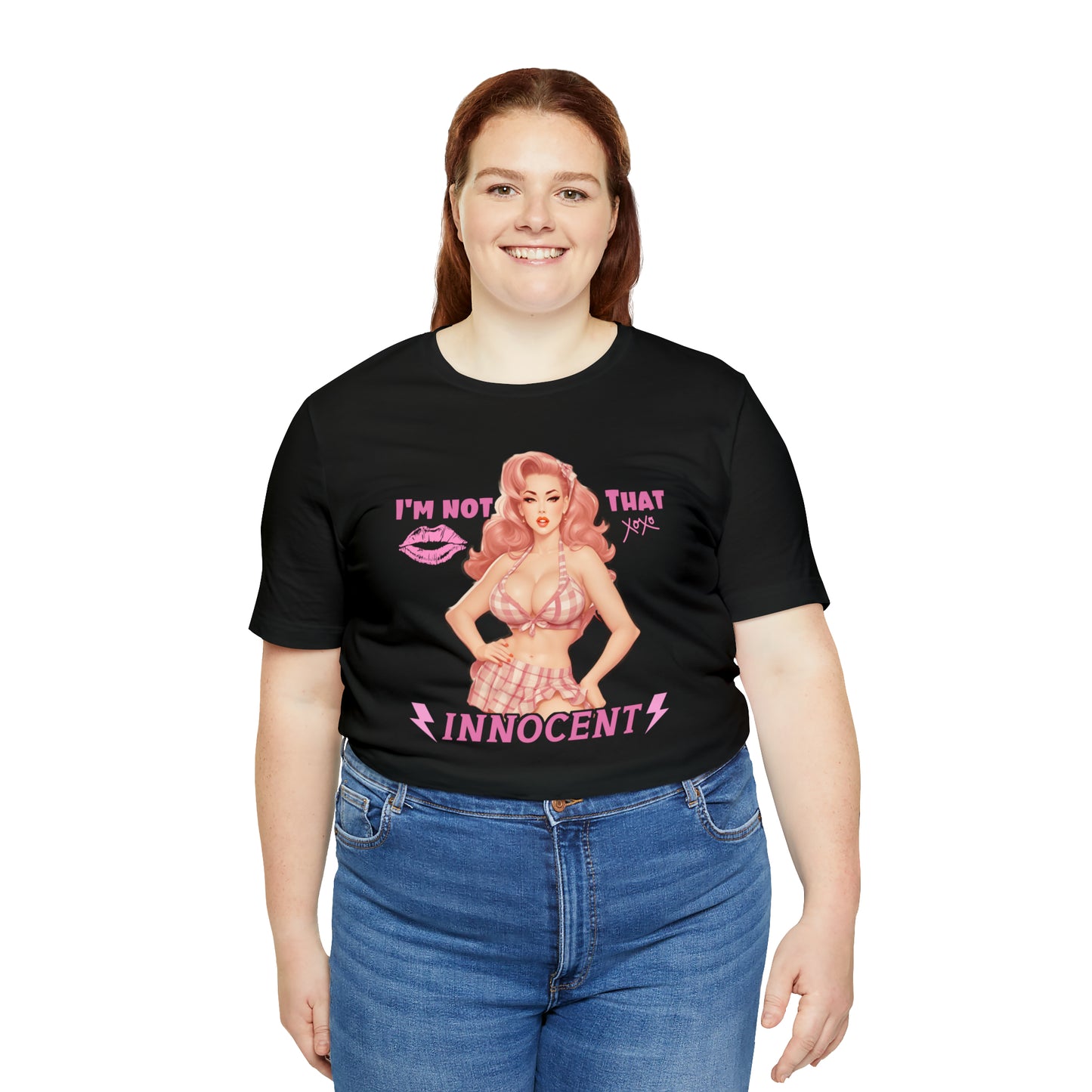 Timeless Elegance: Vintage Pink Pinup Girl "I'm not that Innocent on a Bella+Canva 3001 Unisex Jersey T-Shirt - A Must-Have Gift for her