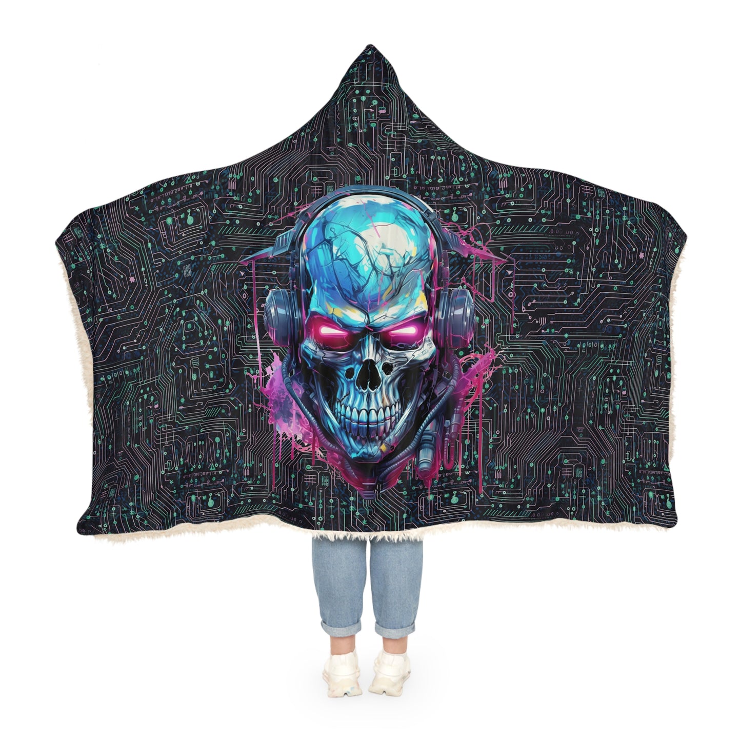 Cyberpunk Skull Vibes: AOP Snuggle Blanket with Neon Circuit Board 🤖💀