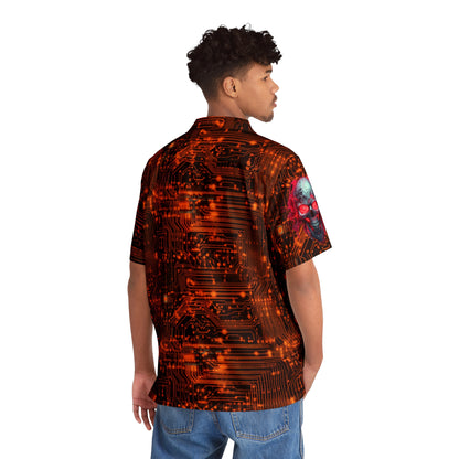 CyberPunk Cybernetic Skull breaking through a Orange Neon Circuit Board Men's Hawaiian Shirt (AOP)