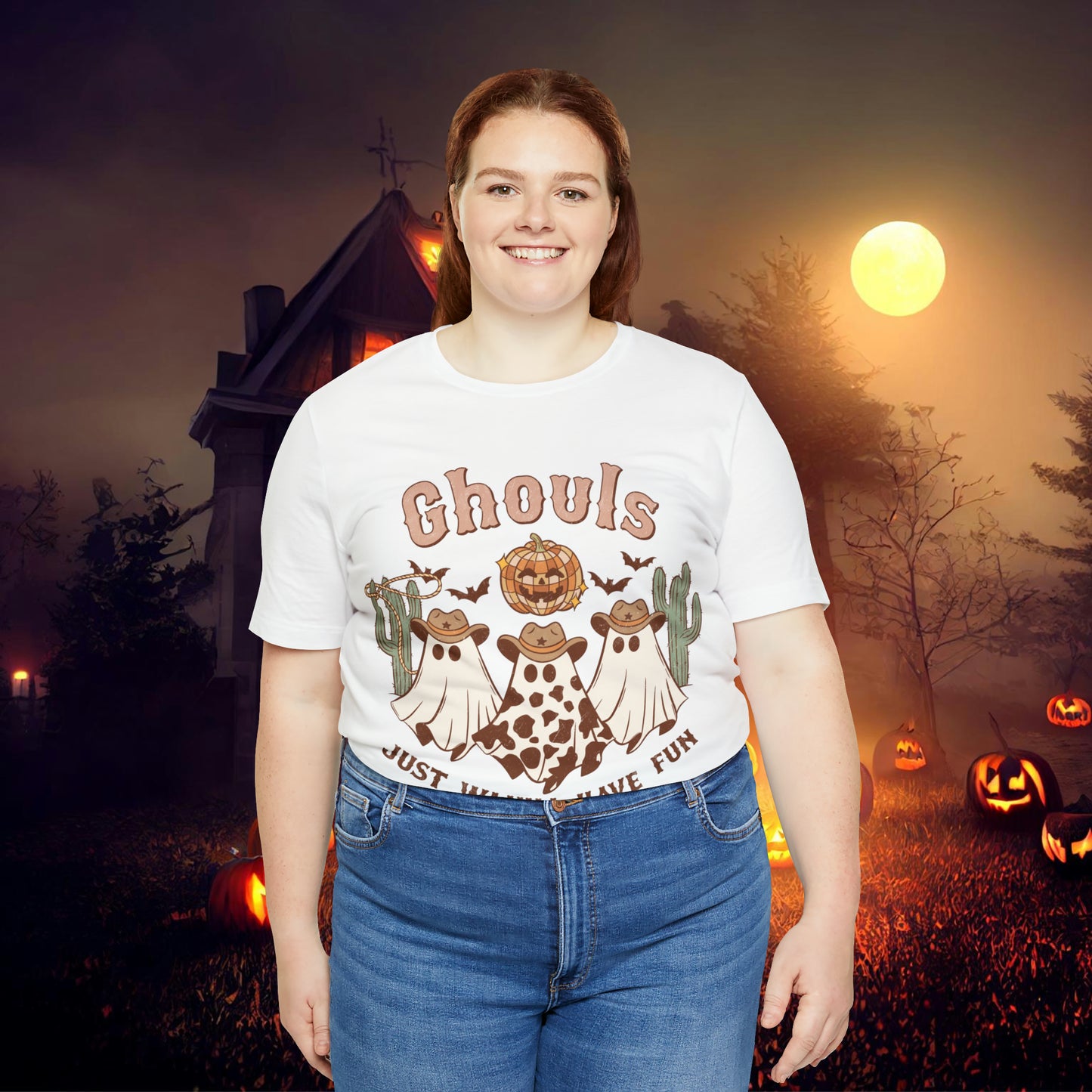 Ghouls Just wanna have fun Cowgirl Ghosts Retro Halloween Unisex Jersey Short Sleeve Tee Gifts for her