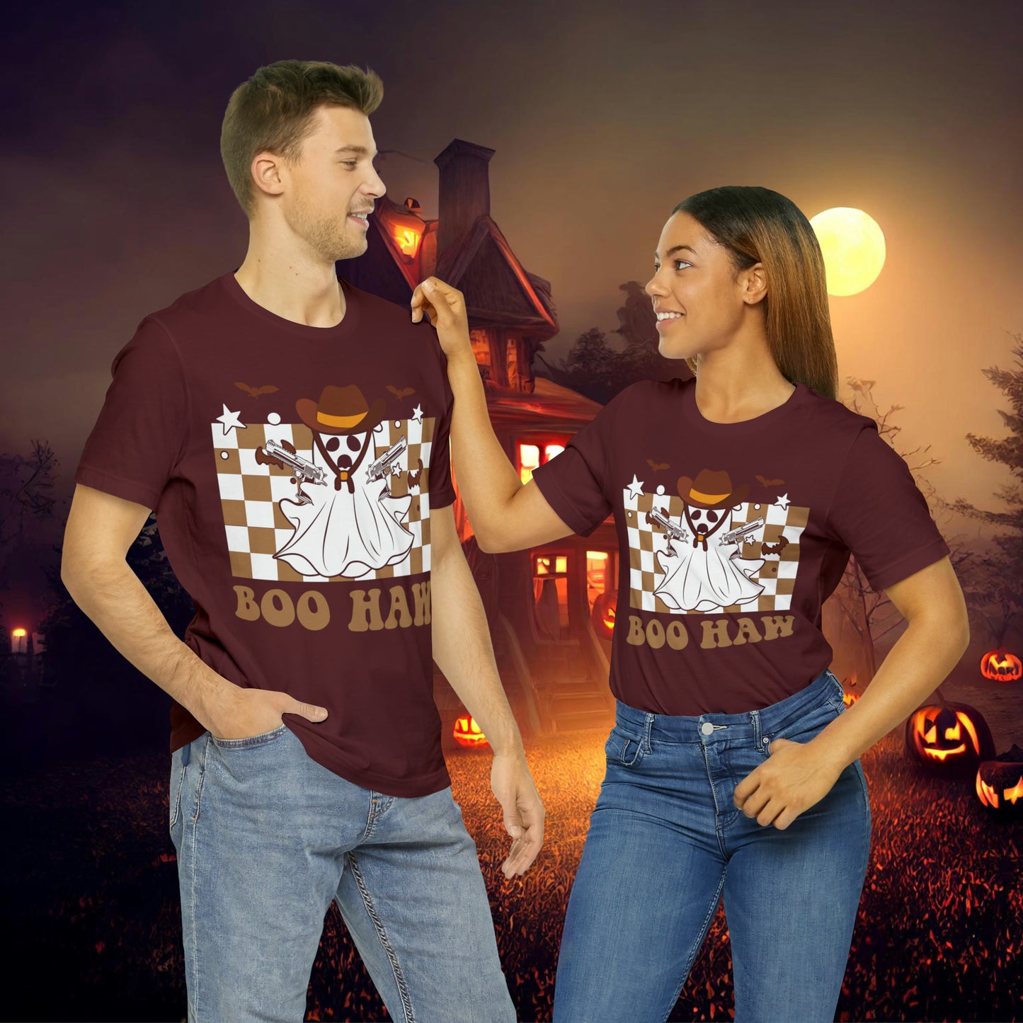 Cowboy Gunslinging Ghost saying Boo Haw Retro Western Halloween Unisex Jersey Short Sleeve Tee Gifts for Him Gifts for Her